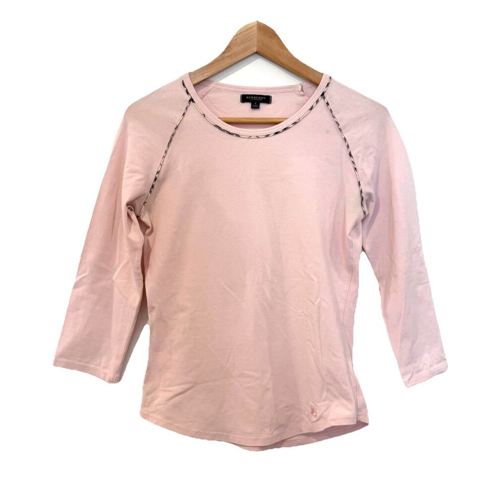 Burberry London Top 3/4 Sleeve Nova Check Trim Cotton Blend Pink Small Vintage